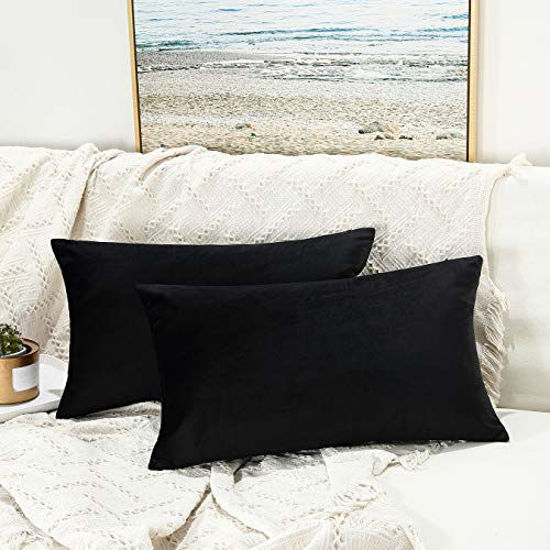 Picture of JUSPURBET Black Decorative Velvet Throw Pillow Covers 16x24,Pack of 2 Luxury Soft Solid Cushion Cases for Sofa Couch Bed