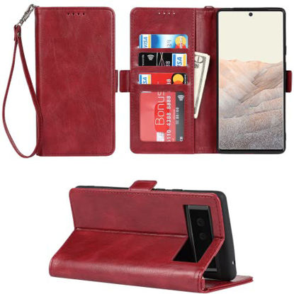 Picture of JWS-C Google Pixel 6 Pro 5G 6.7" Wallet Case with Card Holder {RFID Blocking}-with Wrist Strap Lanyard-PU Leather Cover-for Women and Men-Google Pixel 6 Pro 5G Flip Cell Phone case-Red
