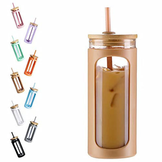 Picture of Kodrine 20oz Glass Water Tumble with Straw and Lid,Bamboo Lids Water Bottle, Iced Coffee Cup Reusable, Wide Mouth Smoothie Cups, Straw Silicone Protective Sleeve BPA FREE-Amber