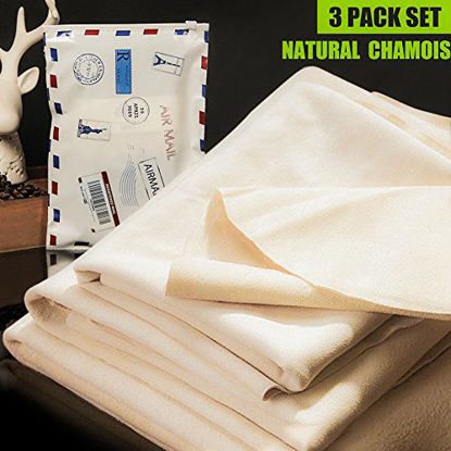 Picture of (3 Pack) Car Natural Chamois Cleaning Cloth, RIVERLAKE Genuine Deerskin Leather Auto Car Wash Drying Towel,Super Absorbent,3 Available Sizes.L/M/S (L/M/S 3IN1)