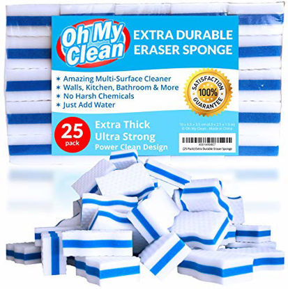 Picture of (25 Pack) Extra Durable Eraser Sponge - Extra Thick, Long Lasting, Premium Melamine Sponges in Bulk - Multi-Purpose Power Scrubber - Bathroom, Kitchen, Floor, Bathtub, Toilet, Baseboard, Wall Cleaner