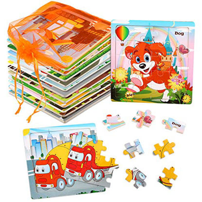 Picture of SANNIX 12 Pack Wooden Jigsaw Puzzles for Toddlers 2 3 4 5 Years Old, Party Favors Animals Jigsaw for Kids, Transportation Educational Puzzles Travel Toy with 12 Organize Bags