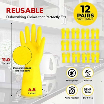 Picture of [12 Pairs] Dishwashing Gloves - 11.5 Inch Medium Rubber Gloves, Yellow Flock Lined Heavy Duty Kitchen Gloves, Long Dish Gloves, Household Cleaning ,Gardening. Utility Work Hand Protection