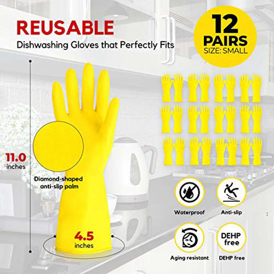 Picture of [12 Pairs] Dishwashing Gloves - 11.5 Inch Medium Rubber Gloves, Yellow Flock Lined Heavy Duty Kitchen Gloves, Long Dish Gloves, Household Cleaning ,Gardening. Utility Work Hand Protection
