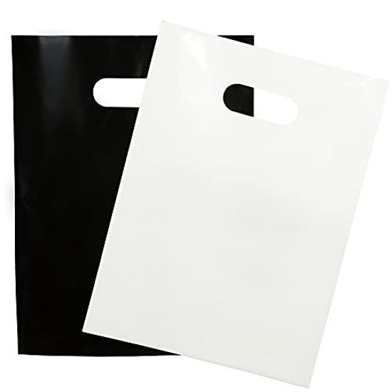 Picture of 200 Black & White Bags for Small Business 100 Black and 100 White 1.5Mil 9"x12" Merchandise Bags Extra Thick Glossy Thank You Bags and Shopping Bags For Small Business with Die Cut Handles For Retail