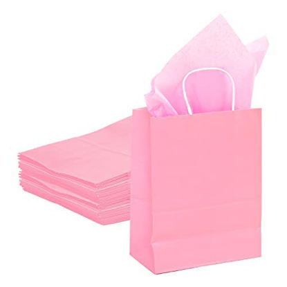 Picture of TIMBLESSING 24 Pink Bulk Kraft Party Gift Bags With 24 Sheets of Pink Wrapping Paper, Small Size Gift Bag, (8.6x3.2x5.9 Inch)