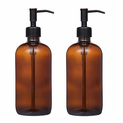 Picture of 2 Pack Thick Amber Glass Pint Jar Soap Dispenser with Oil Rubbed Bronze Stainless Steel Pump, 16ounce Boston Round Bottles Dispenser with Rustproof Pump for Essential Oil, Lotion Soap