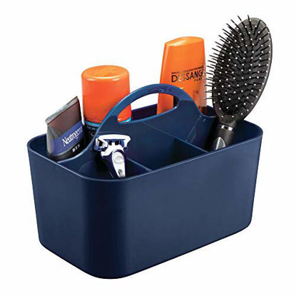 Picture of mDesign Plastic Portable Storage Organizer Caddy Tote - Divided Basket Bin, Handle for Bathroom, Dorm Room - Holds Hand Soap, Body Wash, Shampoo, Conditioner, Lotion - Smal - Navy Blue