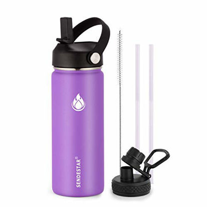 Picture of SENDESTAR Stainless Steel Water Bottle - Double Wall Vacuum Insulated Leak Proof, Keeps Liquids Hot or Cold, 2 or 3 Lids,Wide Mouth with Straw Lid,Spout Lid 32 oz,40 oz (18 oz, Violet (2 LIDS))