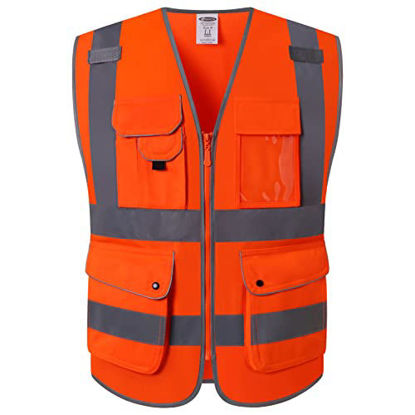 Picture of JKSafety 9 Pockets Class 2 High Visibility Zipper Front Safety Vest With Reflective Strips, Meets ANSI/ISEA Standards (Medium, 150-Orange)