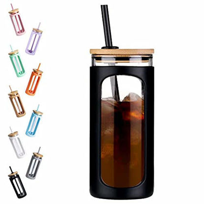 Picture of Kodrine 20oz Glass Water Tumble with Straw and Lid,Bamboo Lids Water Bottle, Iced Coffee Cup Reusable, Wide Mouth Smoothie Cups, Straw Silicone Protective Sleeve BPA FREE-Black