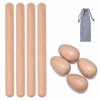 Picture of 8 Pcs Musical Percussion Instrument Set, includes 4 Pcs 8 Inch Rhythm Sticks Wood Claves and 4 Pcs Wood Egg Shakers