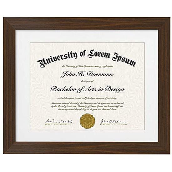 Picture of Americanflat 11x14 Walnut Diploma Frame | Displays 8.5x11 Diplomas with Mat or 11x14 Inch Without Mat. Shatter-Resistant Glass. Hanging Hardware Included!