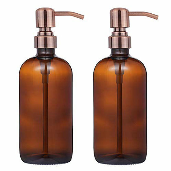 Picture of 2 Pack Thick Amber Glass Pint Jar Soap Dispenser with Copper Stainless Steel Pump, 16ounce Boston Round Bottles Dispenser with Rustproof Pump for Essential Oil, Lotion Soap
