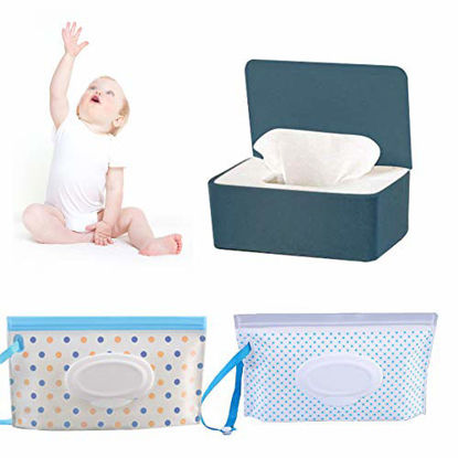 Picture of Baby Wipes Dispenser Set, Reusable Baby Wipe Holder Box, Refillable Baby Wipes Container Travel Wet Wipes Case with Reusable Wipes Pouch for Baby Home Kitchen Office Travel 3 PCS