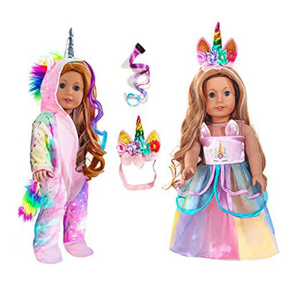 Picture of 2-Sets 18-inch Doll-Clothes Set - Unicorn Clothes with Hair Clip and Headband - Compatible with All American 18 inch Girl Dolls Like Our Generation, My Life Gotz Dolls Accessories for Kids-Pink