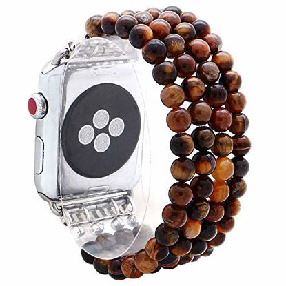Picture of KAI Top Compatible for Apple Watch Band 38mm 40mm 41mm, Natural Stone Beaded Band for Women Girls, Elastic Stretch Replacement Band for iWatch Series SE & Series 7 6 5 4 3 2 1(Tiger's Eye)