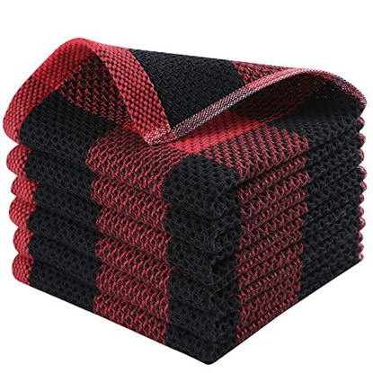 Picture of Mordimy 100% Cotton Waffle Weave Buffalo Plaid Dish Cloths, 6-Pack Super Soft and Absorbent Dish Rags, Dish Cloths for Washing Dishes, 12 x 12 Inches, Black & Red