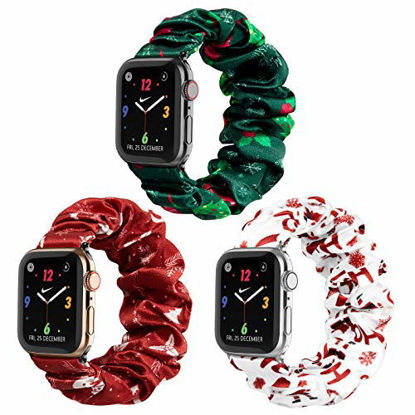 Picture of Recoppa Compatible for Scrunchie Apple Watch Band 38mm 42mm 40mm 44mm Christmas Cute Print Elastic Watch Bands Women Bracelet Strap for Apple Watch SE Series 6 5 4 3 2 1(3 Pack-E, 38mm/40mm-Small)