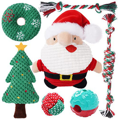 Picture of Zeaxuie Christmas Dog Chew Toys for Puppy Xmas Gifts - 7 Pack Santa Puppy Toys for Teething Small Dogs, Cute Puppy Chew Toys with Rope Toys, IQ Ball and Squeaky Dog Toys