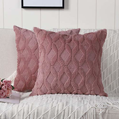 Picture of Madizz Pack of 2 Soft Plush Short Wool Velvet Decorative Throw Pillow Covers Luxury Style Cushion Case Pillow Shell for Sofa Bedroom Square Pink 16x16 inch