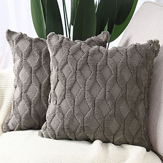 Picture of MADIZZ Pack of 2 Soft Plush Short Wool Velvet Decorative Throw Pillow Covers Luxury Style Cushion Case Pillow Shell for Sofa Bedroom Square Dark Taupe 16x16 inch