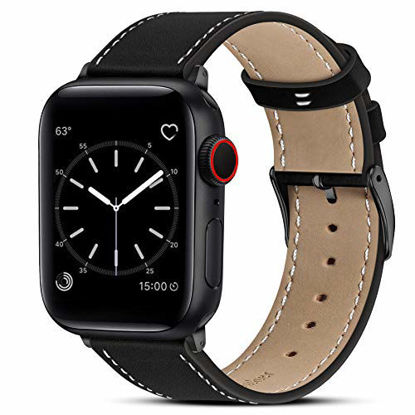 Picture of Marge Plus Compatible with Apple Watch Band 38mm 40mm 44mm 42mm 45mm 41mm, Genuine Leather Replacement Band for iWatch Series SE 7 6 5 4 3 2 1, Black Band/Black Adapter