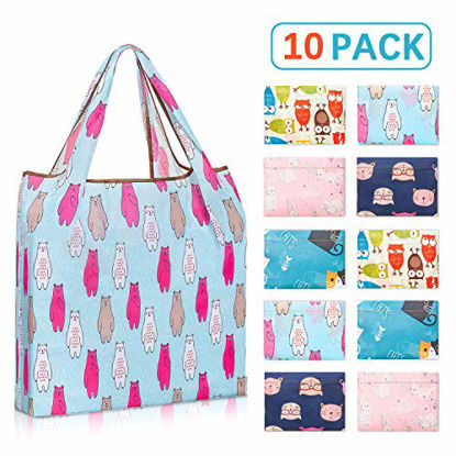 Picture of 10 Pack Reusable Grocery Bags with Pouch,YIHONG Foldable Shopping Bags for Groceries and Shopping Trip,Cute Animal Patterns,Large Capacity and Machine Washable
