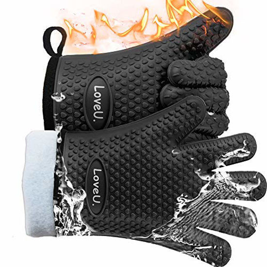 Picture of Loveuing Kitchen Oven Gloves - Silicone and Cotton Double-Layer Heat Resistant Oven Mitts /BBQ Gloves /Grill Gloves - Perfect for Baking and Grilling - 1 Pair (One Size Fits Most, Black)