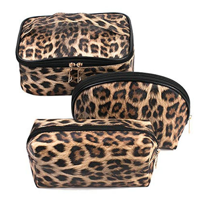 Picture of Makeup Bag Leopard Travel Large Toiletry Bag 3 Pack Portable Cheetah Cosmetic Organizer Pouch with Small Brush Storage Case Gold Zipper Waterproof for Women and Girls