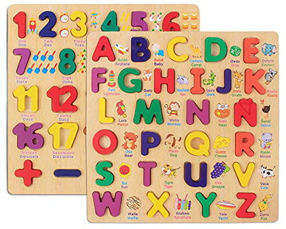 Picture of Wooden Puzzles for Toddlers, 2 in 1 Wooden Peg Puzzle Set Wooden Alphabet ABC Number Shape Puzzles Board Toddler Preschool Learning Toys for Kids Ages 1-3 Boys and Girls