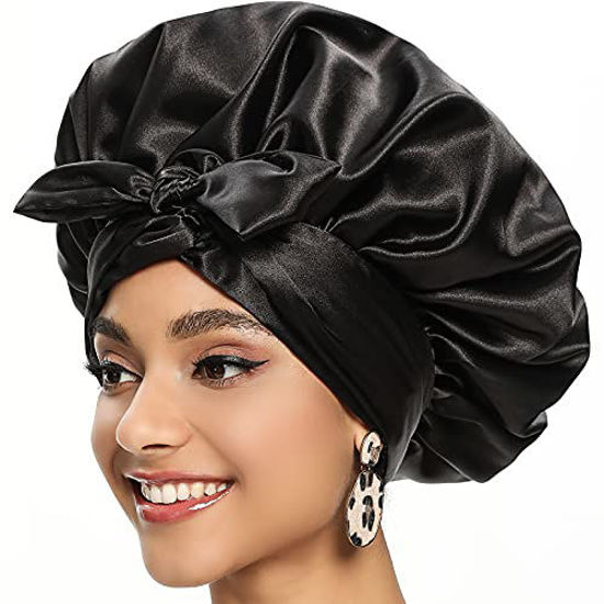 Double layer Long Satin Bonnet Sleep Cap with High Elastic Hair