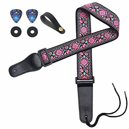 Picture of Guitar Strap, IHOBOR Jacquard Pink Flower Acoustic Electric Bass Guitar Strap with Genuine Leather End, Vintage Classical Pattern Design Included Strap Locks, Picks & Strap Button
