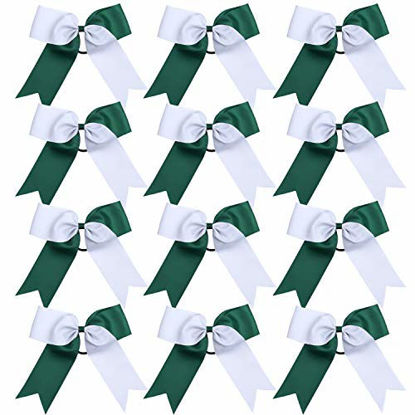 Picture of Cheerleading Bow Jumbo Cheer Bows 12 Pcs 7 Inch Ponytail Holder Cheerleader Bows Hair Tie (Forest Green/White)