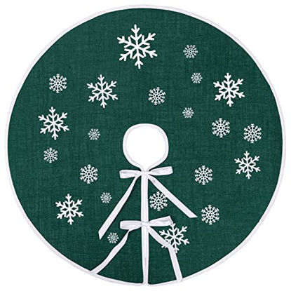 Picture of MACTING Christmas Burlap Tree Skirt, 30 inches Dark Green Tree Mat with White Snowflake Printed for Xmas Holiday Decorations Indoor Outdoor