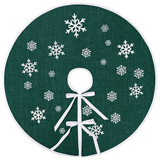 Picture of MACTING Christmas Burlap Tree Skirt, 30 inches Dark Green Tree Mat with White Snowflake Printed for Xmas Holiday Decorations Indoor Outdoor
