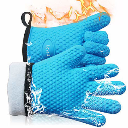 Picture of Loveuing Kitchen Oven Gloves - Silicone and Cotton Double-Layer Heat Resistant Oven Mitts /BBQ Gloves /Grill Gloves - Perfect for Baking and Grilling - 1 Pair (Small, Blue)