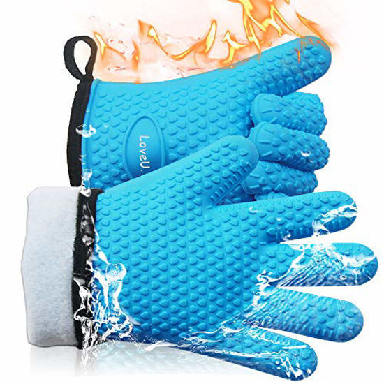 Picture of Loveuing Kitchen Oven Gloves - Silicone and Cotton Double-Layer Heat Resistant Oven Mitts /BBQ Gloves /Grill Gloves - Perfect for Baking and Grilling - 1 Pair (Small, Blue)