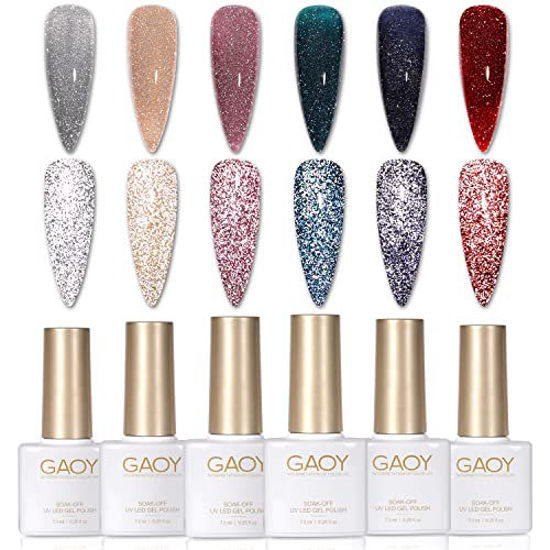 Picture of GAOY Reflective Glitter Gel Nail Polish Set of 6 Colors Including Pink Red Silver Holographic Gel Polish Kit UV LED Soak Off Shellac Nail Polish Home DIY Manicure Nail Salon Varnish