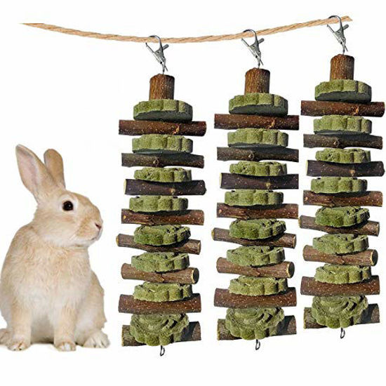 Picture of 3 PCS Bunny Chew Toys for Teeth Grinding, Chinchilla Treats Organic Bamboo Sticks Natural Fruitwood Branches for Rabbits Guinea Pigs Hamsters (Fruitwood Sticks+Alfalfa Cakes)