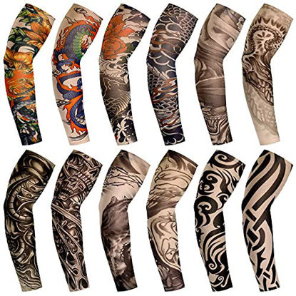 Picture of 12 Pieces Tattoo Sleeves Set Fake Sunscreen Arm Sleeves Soft Elasticity Flower Arm Gloves Cycling (Chic Pattern)