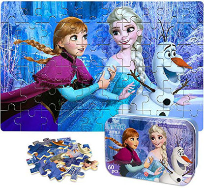 Picture of NEILDEN Disney Frozen Puzzles in a Metal Box 60 Piece Jigsaw Puzzle for Kids Ages 3+ for Children Learning Educational Puzzles Toys (Snowman) Authorized by Disney