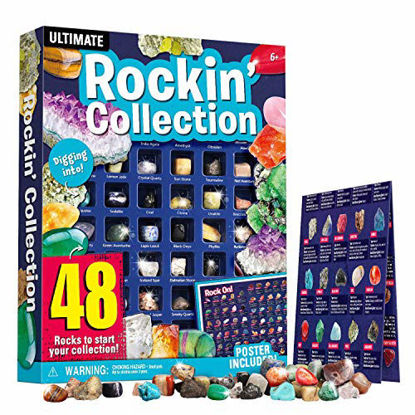 Picture of XXTOYS Rocks Collection 48PCS Rock and Mineral Education Set Gemstones for Kids Geology Gem Kit with Tigers Eye Rose Quartz Red Jasper and More Identification Guide STEM Science Education