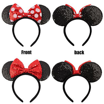 Picture of Mouse Ears Bow Headbands, 2 PCS Shiny Sequin Bow Headbands Classic Mouse Ears Headbands for Adult Women Girls(Red Sequin & Red Dot )