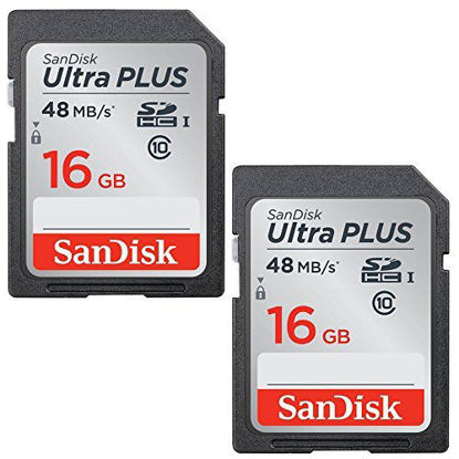 Picture of 2 Pack 16GB Sandisk Ultra Plus Class 10 48mb/s SDHC SD Memory Card SDSDUP-016G-A46 UHS-I For Digital camera Nikon Canon Fujifilm Kodak