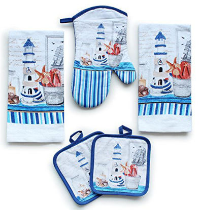 Picture of Kitchen Decor Linen Set Includes 2 Dish Towels, 2 Square Pot Holders, 1 Oven Mitt | Tall Lighthouse Printed Kitchen Towels Linen Set For Cooking, Baking, Housewarming and Decoration (Set of 5 Piece)