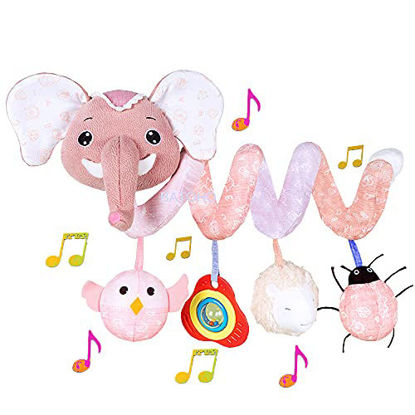 Picture of BATOHO Baby Car Seat Toys, Infant Activity Spiral Plush Toys Hanging Stroller Toys for Baby with Musical Owl Rattle Sheep Beep Ladybug Squeaker - Pink Elephant