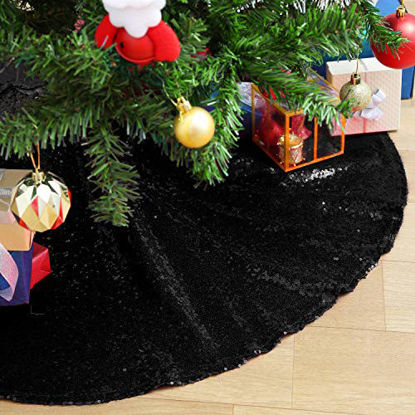 Picture of Glitter Black Tree Skirt 24 Inches Sequin Fabric Xmas Tree Skirt Tabletop Tree Christmas Halloween Party Ornaments