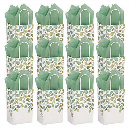 Picture of Spring Greenery Watercolor Green Leaf Paper Gift Bags and Party Favor Bags, 5.25"x3.5"x8.25" (12 Pack)