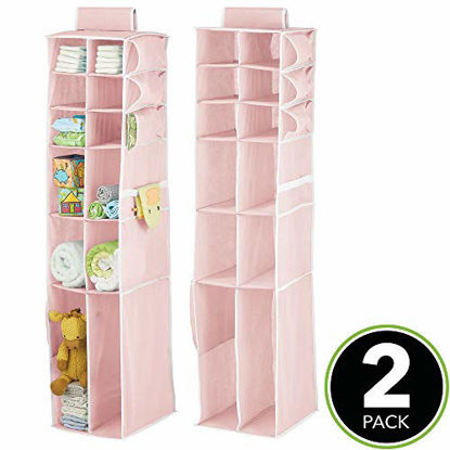 Picture of mDesign Long Soft Fabric Over Closet Rod Hanging Storage Organizer with 12 Divided Shelves, Side Pockets for Child/Kids Room or Nursery, Store Diapers, Wipes, Lotions, Toys - 2 Pack - Pink/White